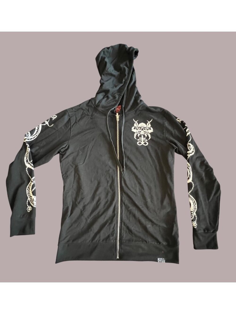 Killstar Mens L Black Gothic Print Zip-Up Hoodie With Skull & Snake Graphics